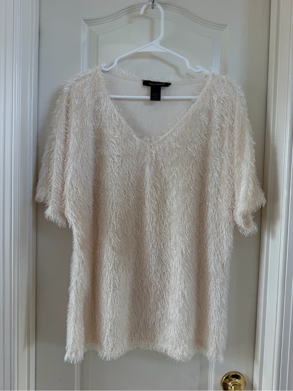 Ashley Stewart Cream Fuzzy V-Neck Pullover Top
